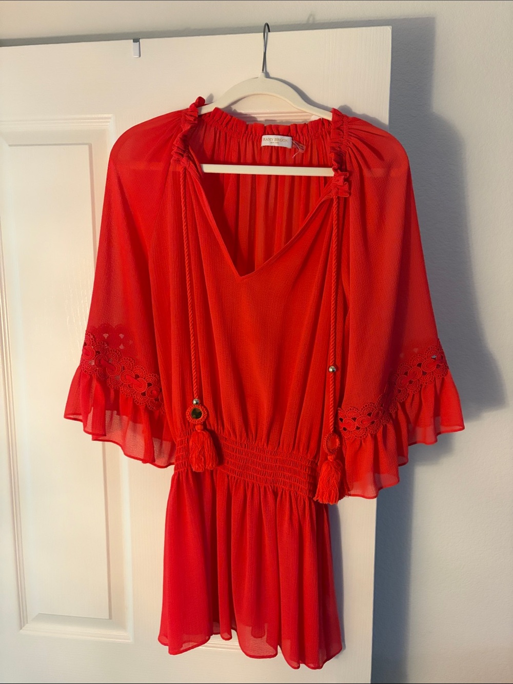 Ramy Brook Red Tassel V-Neck Eyelet Swim Coverup